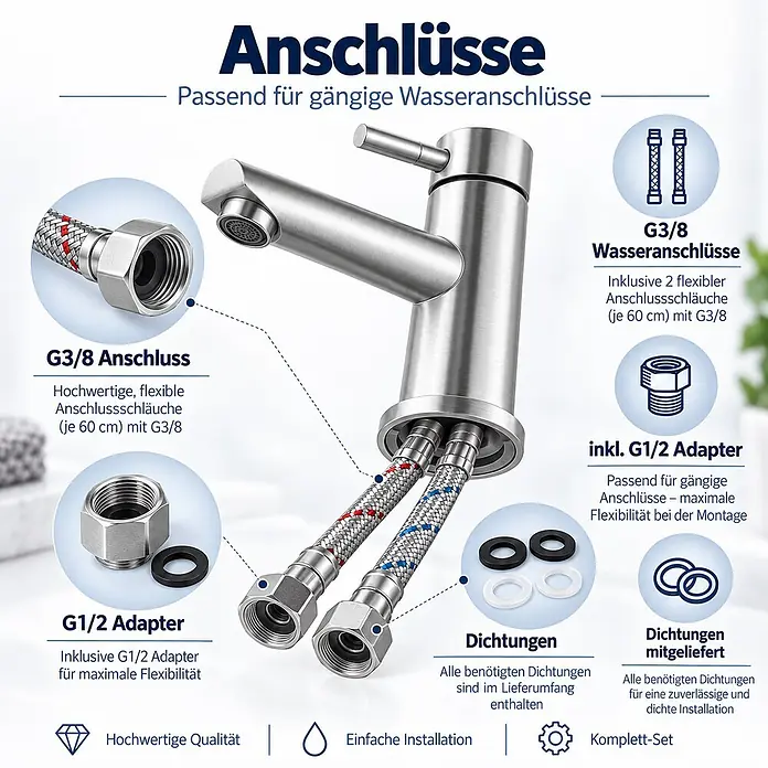 SONNENH Waschtischarmatur - Silber - Eine Küchenarmatur mit G3/8-Anschlussschläuchen, G1/2-Adaptern und Dichtungen für flexible Wasseranschlüsse.