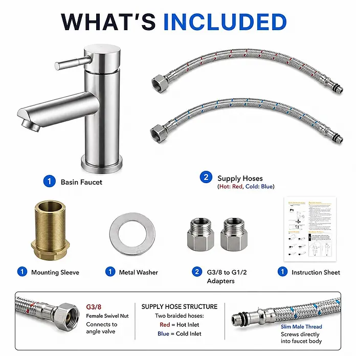 SONNENH Waschtischarmatur - Silber - Waschtischarmatur-Set aus Silber, einschließlich geflochtener Zuleitungsschläuche, Montageteile und Adapter.