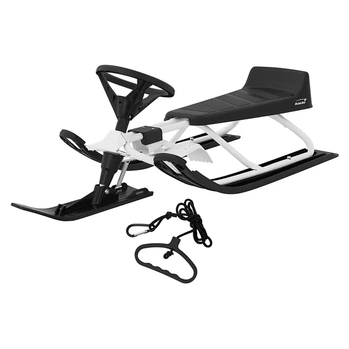 Lenkschlitten für Kinder Weiß 119 x 38 x 50 cm Stahlrahmen bis 90 kg -  - Schwarz-weißer Rodelschlitten mit Lenkrad, bequemem Sitz und Zugseil mit Griff und Karabiner.