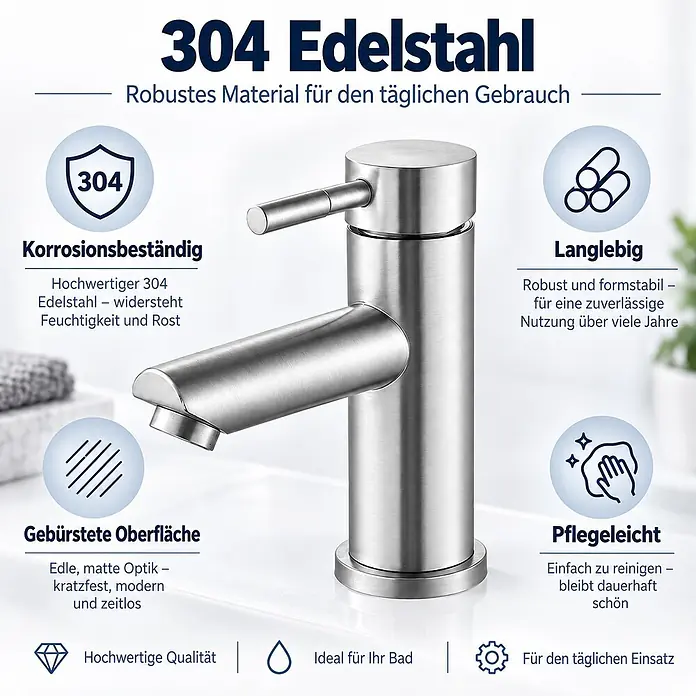 SONNENH Waschtischarmatur - Silber - Ein moderner Wasserhahn aus gebürstetem 304 Edelstahl, langlebig und für den täglichen Badgebrauch.
