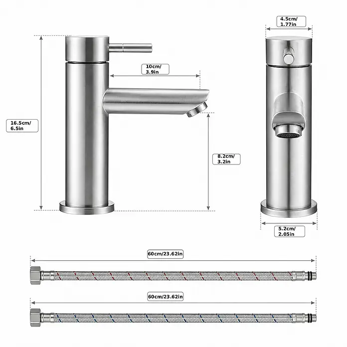 SONNENH Waschtischarmatur - Silber - Gebürsteter Edelstahl-Badezimmerwasserhahn mit detaillierten Maßen und zwei flexiblen Anschlussschläuchen.