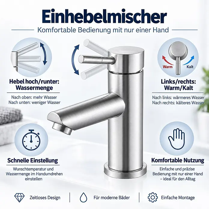 SONNENH Waschtischarmatur - Silber - Einhebelmischer aus gebürstetem Edelstahl zur einfachen Steuerung von Wassertemperatur und -menge.