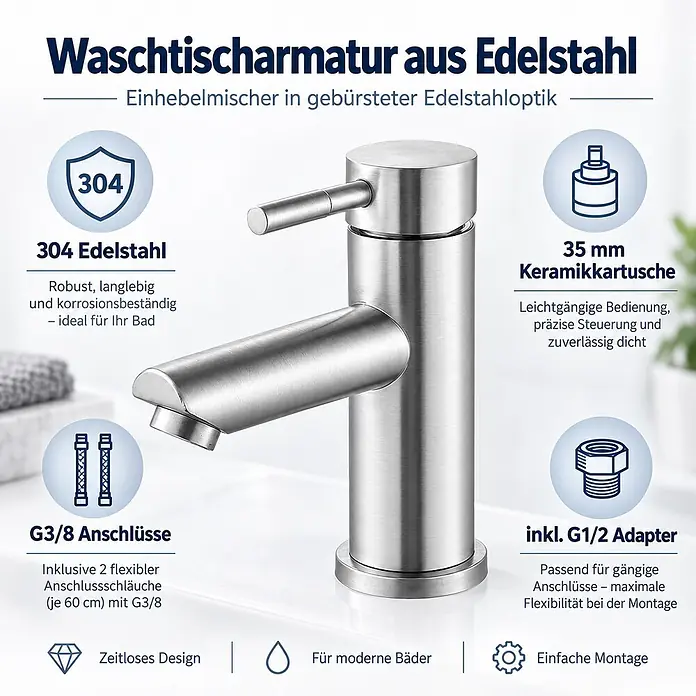 SONNENH Waschtischarmatur - Silber - Moderner Einhebel-Waschtischmischer aus gebürstetem Edelstahl für zeitgenössische Bäder.