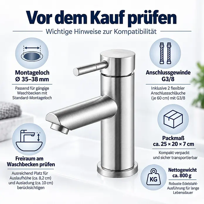 SONNENH Waschtischarmatur - Silber - Moderner Einhebelmischer aus gebürstetem Edelstahl für Waschbecken.