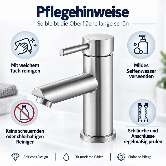 SONNENH Waschtischarmatur - Silber - Bürstet Edelstahl Einhebelmischer mit angezeigten Pflegehinweisen.