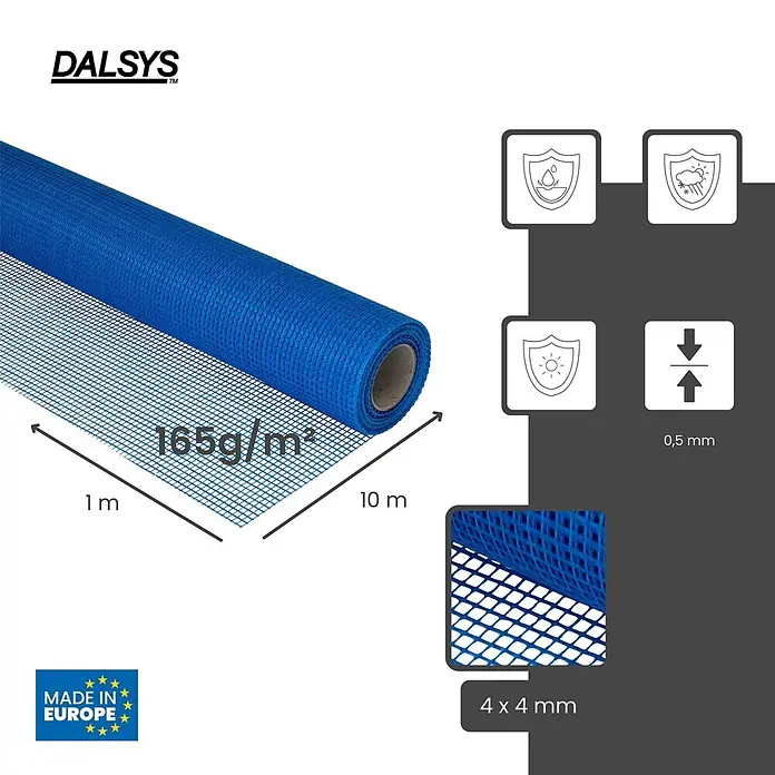 Dalsys Armierungsgewebe - 1 x 10 m, Glas - Blaues Armierungs-Glasfasernetz auf Rolle, 1m breit, 10m lang, 165g/m², 4x4mm Gitter, 0,5mm dick. Wasser-/wetter-/UV-beständig. Hergestellt in Europa.