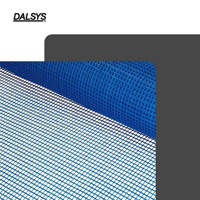 Dalsys Armierungsgewebe - 1 x 10 m, Glas - Blaues gewebtes Netzmaterial, teilweise gerollt, das sein Gittermuster zeigt.
