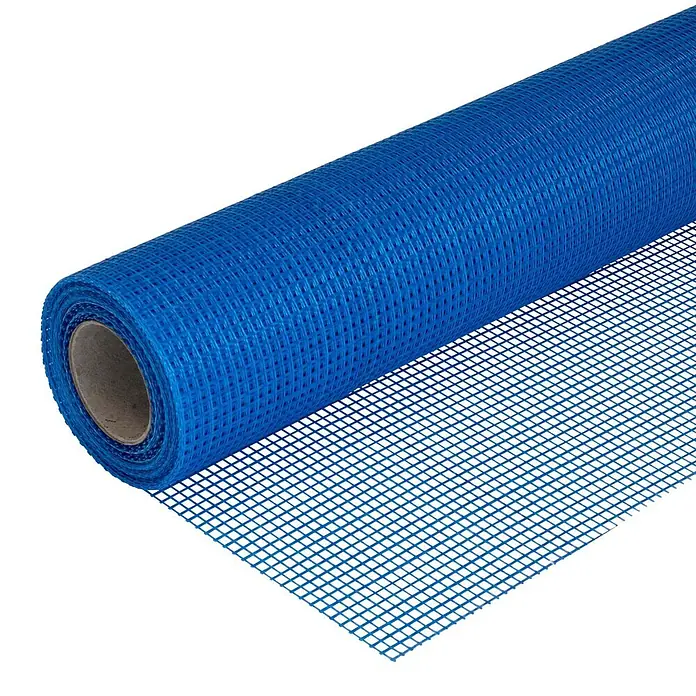 Dalsys Armierungsgewebe - 1 x 10 m, Glas - Blaue Gittergeweberolle, teilweise ausgerollt, zeigt ihr Gittermuster.