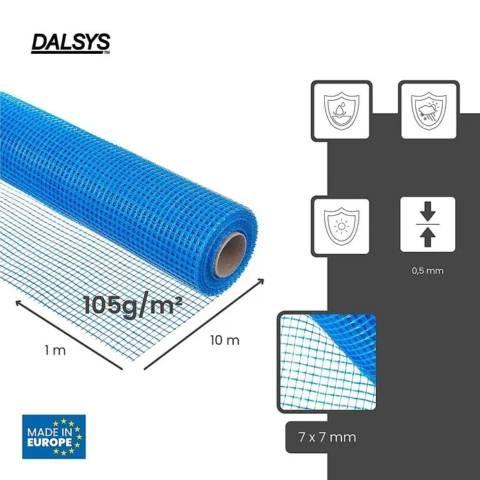 Dalsys Armierungsgewebe - 1 x 10 m, Glas - DALSYS Blaue Glasfasergeweberolle, 1m x 10m, 105g/m², 7x7mm Maschenweite, 0,5mm dick, wetter-, wasser- & UV-beständig, Made in Europe.