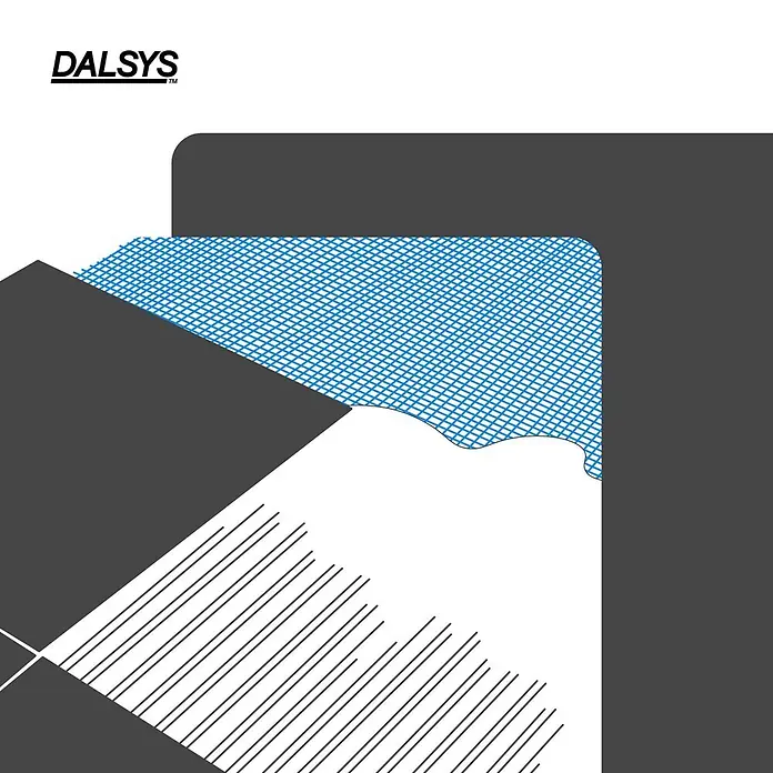 Dalsys Armierungsgewebe - 0,33 x 45 m, Glas - DALSYS-Logo mit abstrakter Grafik aus Grau, blauem Netz und schwarzen Linien.