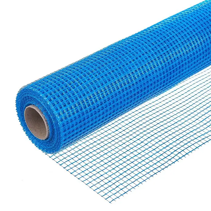 Dalsys Armierungsgewebe - 1 x 50 m, Glas - Gerollte blaue Glasfasergewebe, das sein Gittermuster zeigt.