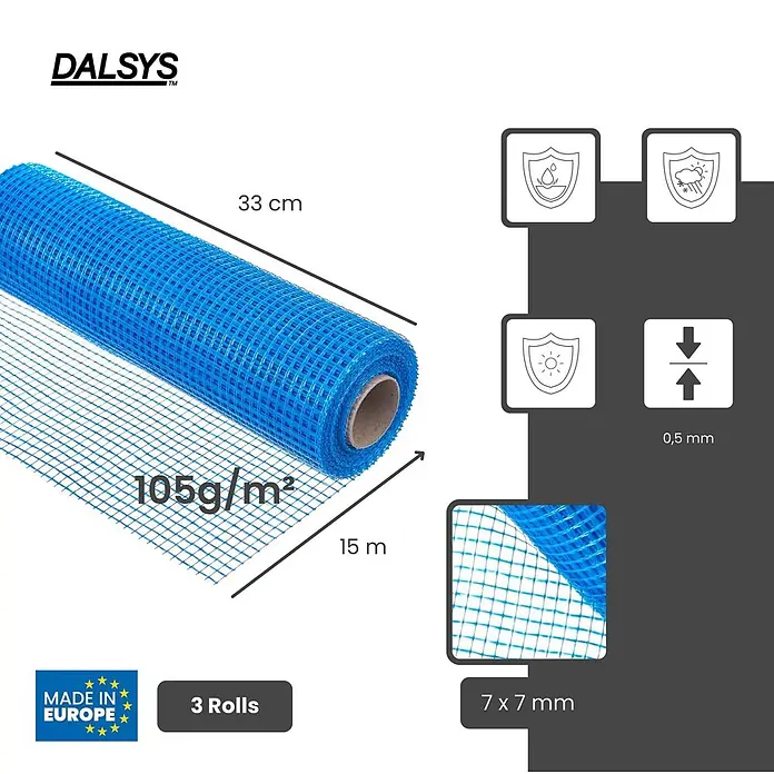 Dalsys Armierungsgewebe - 0,33 x 45 m, Glas - Drei Rollen blaues Glasfasergewebe, 33cm x 15m, 105g/m², mit 7x7mm Maschenweite und 0,5mm Dicke, hergestellt in Europa.