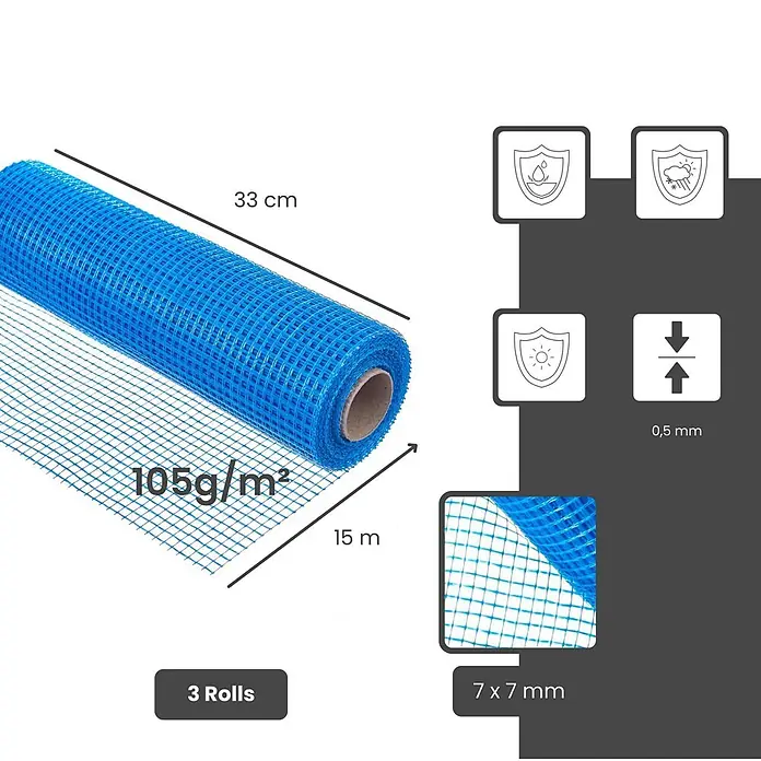 Dalsys Armierungsgewebe - 0,33 x 45 m, Glas - Blaue Glasfasergewebe-Rolle (33cm x 15m), 105g/m², 7x7mm Maschenweite, 0,5mm dick, wasserdicht, wetter- & UV-beständig. 3 Rollen.