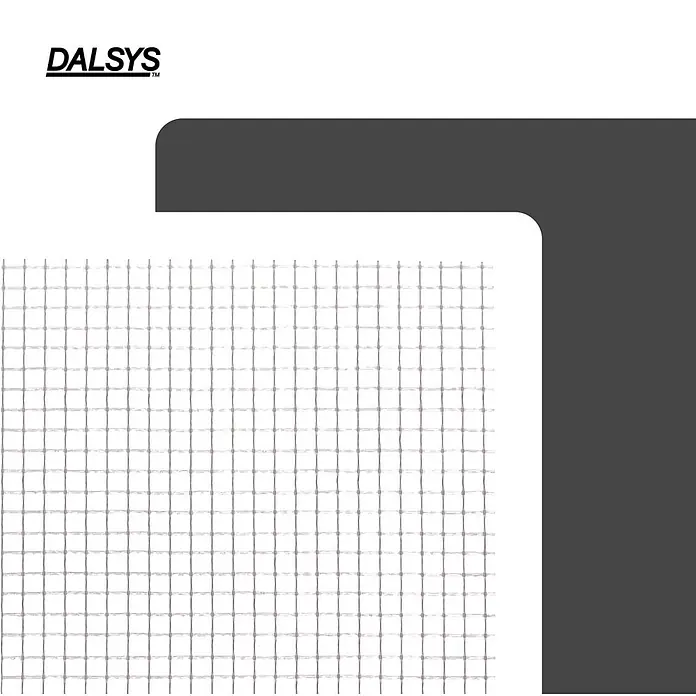 Dalsys Armierungsgewebe - 1 x 50 m, Glas - Ein feines, hellgraues quadratisches Netzgitter mit kleinen Punkten an den Kreuzungen, dazu das DALSYS™ Logo.