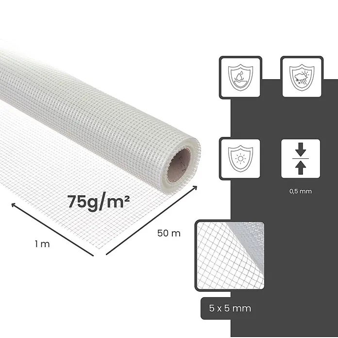 Dalsys Armierungsgewebe - 1 x 50 m, Glas - Gerollte weiße Bewehrungsmatte mit sichtbarer Gitterstruktur.