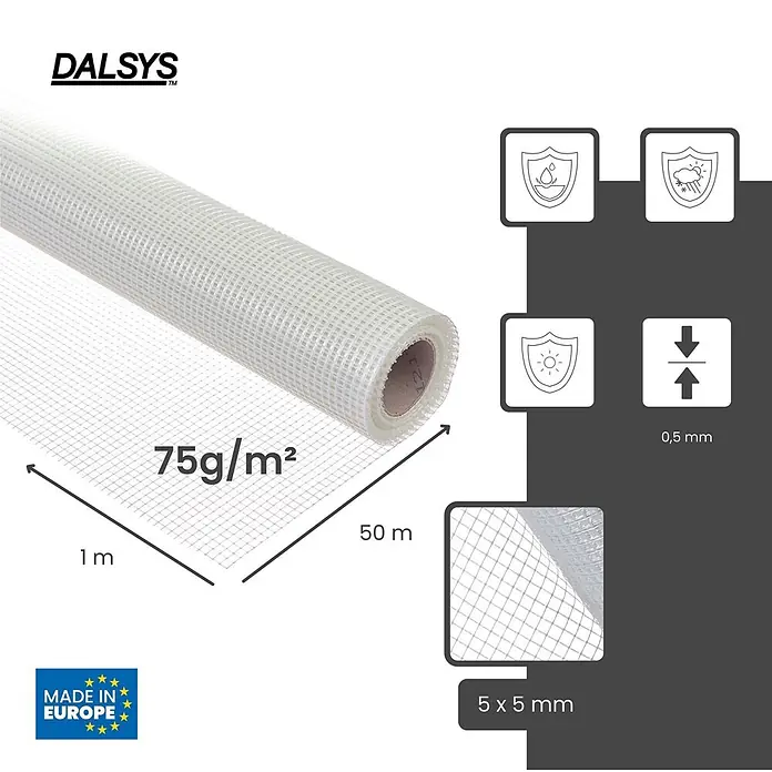 Dalsys Armierungsgewebe - 1 x 50 m, Glas - Weiße Bau-Gittergeweberolle, 1x50m, 75g/m², 5x5mm Maschen, 0,5mm dick, wasser- und witterungsbeständig.
