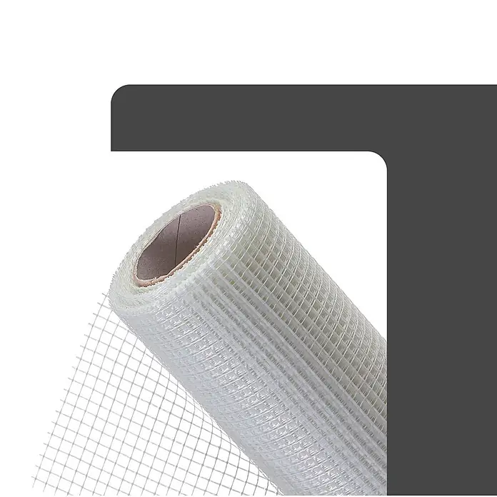 Dalsys Armierungsgewebe - 1 x 50 m, Glas - Eine Rolle weißes Glasfasergewebe für Putz und Bewehrung, das sein Gittermuster zeigt.