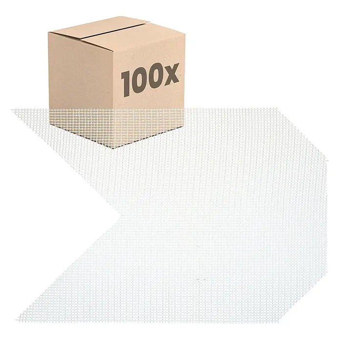 Dalsys Armierungsgewebe - 0,33 x 0,4 m, Glas - Brauner Karton mit "100x" auf weißem, pfeilförmigem Netzmaterial.