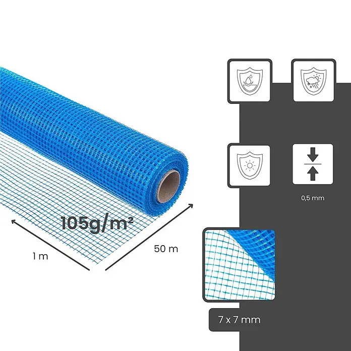 Dalsys Armierungsgewebe - 1 x 50 m, Glas - Blaue Putzgewebe-Rolle, 1m breit, 50m lang, 105g/m², 7x7mm Maschenweite, 0,5mm Dicke, wasser- und UV-beständig.