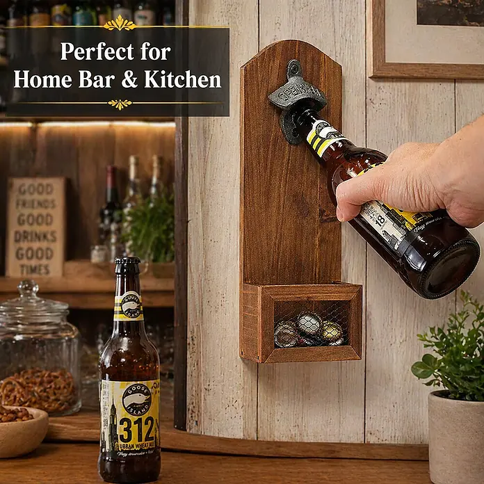 SONNENH Flaschenöffner - Holz - Dunkler Wand-Flaschenöffner aus Holz mit Metallöffner und Kapselbehälter. Eine Hand öffnet eine Bierflasche, der Kronkorken fällt in den Auffangbehälter, ideal für Hausbars.