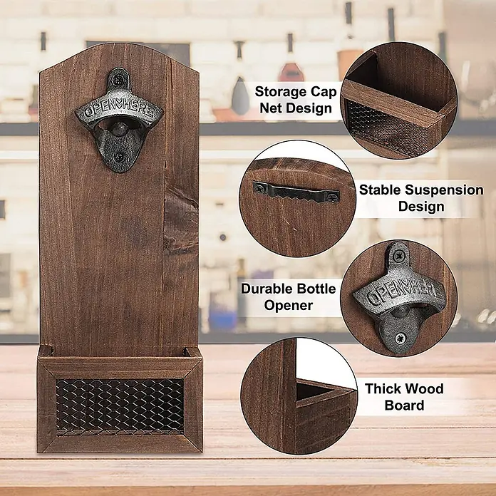SONNENH Flaschenöffner - Holz - Wandmontierter dunkelbrauner Flaschenöffner aus Holz mit Gusseisen-Öffner und Drahtgitter-Kapselsammler, ideal für Küche oder Bar.