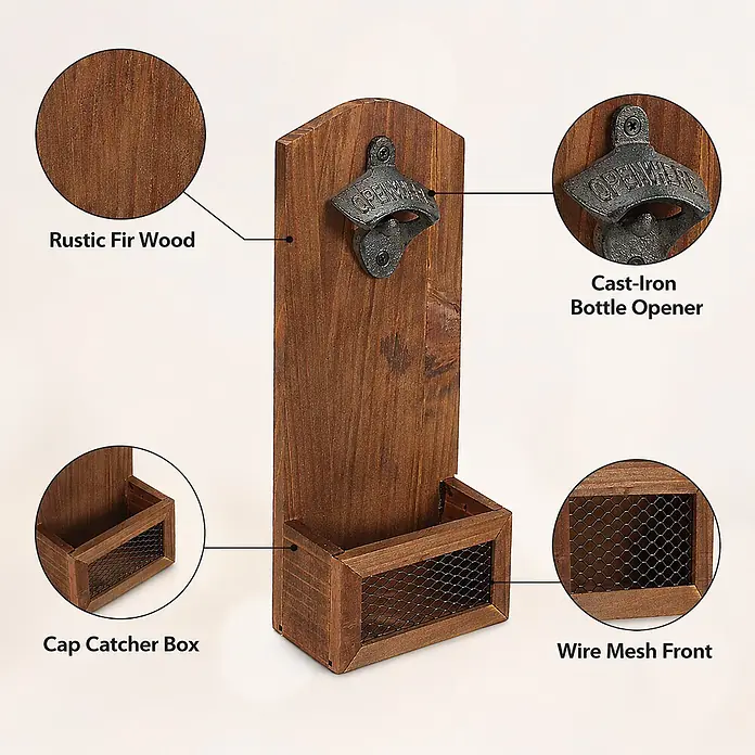 SONNENH Flaschenöffner - Holz - Wandmontierter Flaschenöffner aus rustikalem Tannenholz mit gusseisernem Öffner und Kapselauffangbox mit Drahtgitterfront.