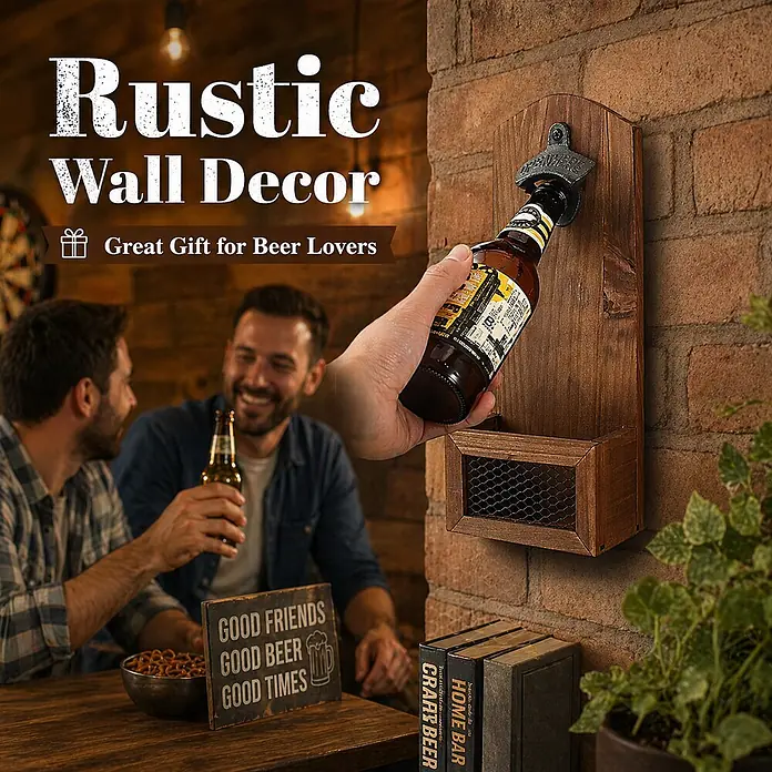 SONNENH Flaschenöffner - Holz - Rustikaler Flaschenöffner aus Holz zur Wandmontage mit Kapselauffangbehälter, beim Öffnen einer Bierflasche in einer Hausbar-Umgebung.