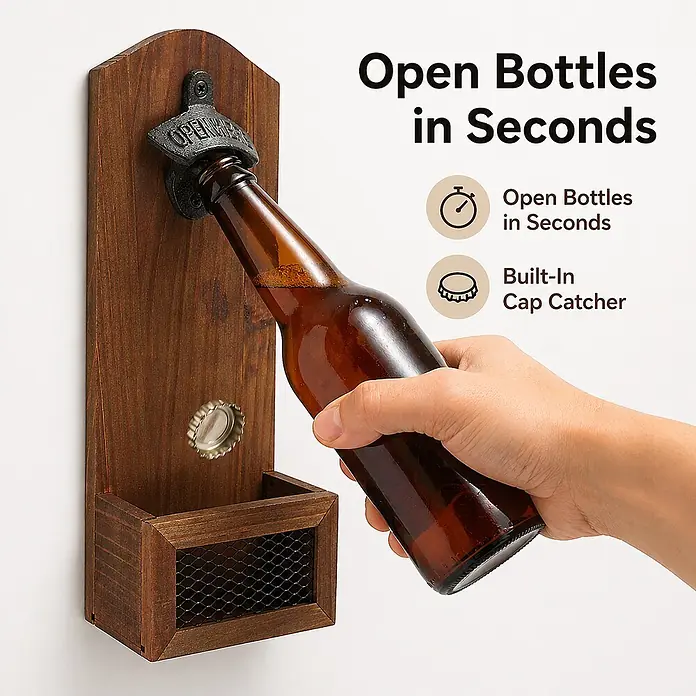 SONNENH Flaschenöffner - Holz - Wandmontierter Flaschenöffner aus Holz mit schwarzem Öffner und Kronkorkenfänger, beim Öffnen einer Bierflasche.