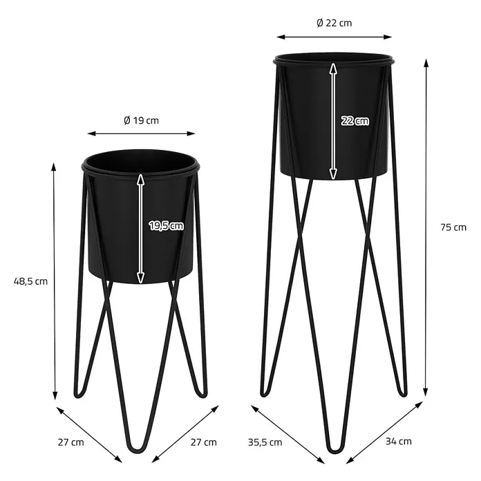 Blumenständer 2er Set Schwarz 27x27x48,5 cm/35,5x34x75 cm aus Stahl - 