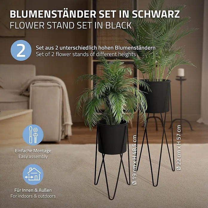 Blumenständer 2er Set Schwarz 27x27x48,5 cm/35,5x34x75 cm aus Stahl -  - Zwei schwarze Metall-Blumenständer, unterschiedlich hoch, halten Pflanzen drinnen.