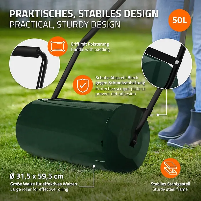 Rasenwalze befüllbar 50 Liter Grün aus Stahl -  - Dunkelgrüne 50L Gartenwalze mit stabilem schwarzem Rahmen und gepolstertem Griff.