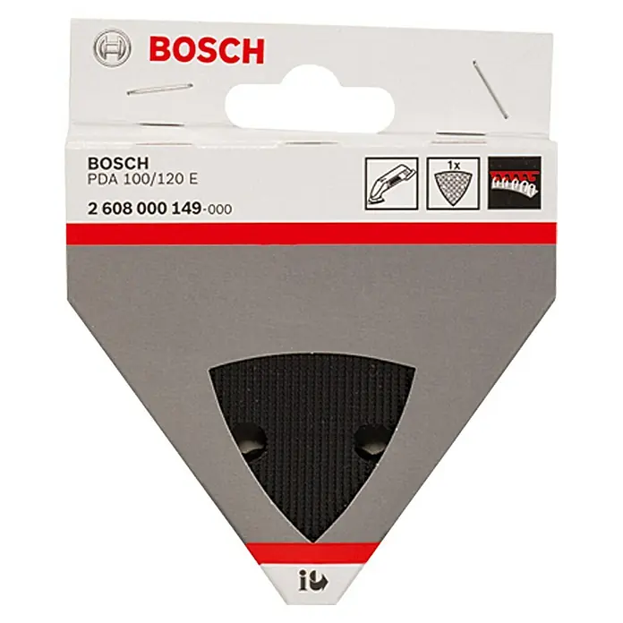 Bosch Schleifplatte PDA 100 / 120 E - 95 x 95 mm - Das Bild zeigt eine Packung Bosch PDA 100/120 E Schleifpapier mit dreieckiger Form.