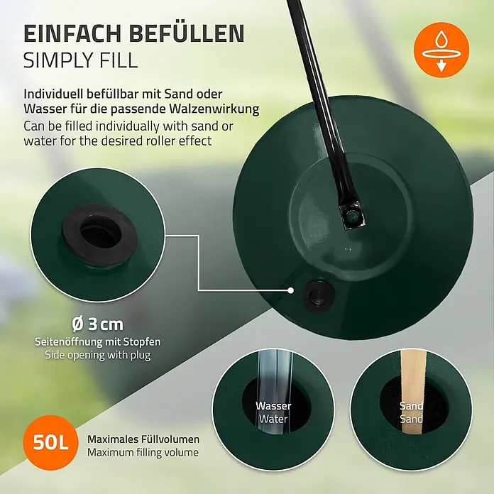 Rasenwalze befüllbar 50 Liter Grün aus Stahl -  - Dunkelgrüner Gartengeräteteil mit 3 cm Seitenöffnung und Stopfen, befüllbar mit Sand oder Wasser, max. 50L Volumen.