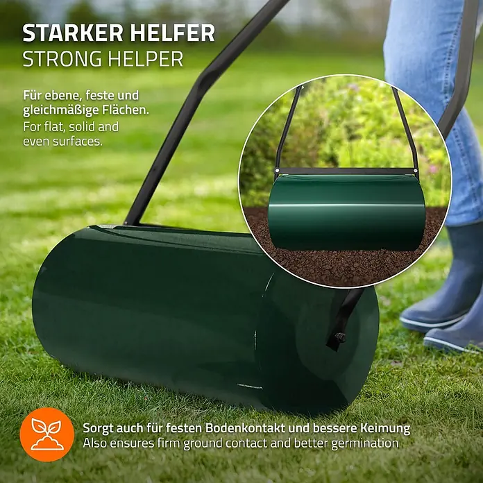 Rasenwalze befüllbar 50 Liter Grün aus Stahl -  - Eine dunkelgrüne Rasenwalze mit schwarzem Griff zum Verdichten von Erde für bessere Keimung.