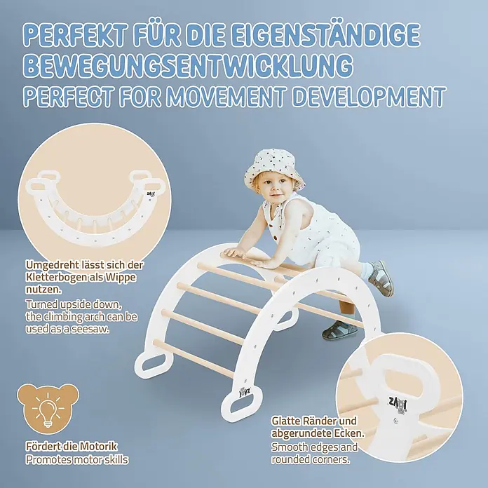 ECD Germany Klettergerüst Kletterbogen trainiert Gleichgewicht & Balance ab 2 Jahren - Holz, Braun, Weiß - Ein Kleinkind klettert auf einem weißen Holz-Kletterbogen mit Holzsprossen zur Bewegungsentwicklung. Er kann auch als Wippe genutzt werden.