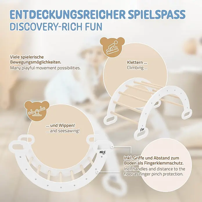 ECD Germany Klettergerüst Kletterbogen trainiert Gleichgewicht & Balance ab 2 Jahren - Holz, Braun, Weiß - Weißer und naturholzfarbener Kletterbogen für Kinder, umwandelbar zur Wippe, mit Griffen und Fingerschutz.
