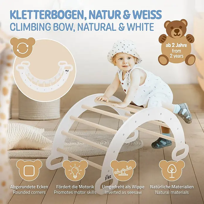 ECD Germany Klettergerüst Kletterbogen trainiert Gleichgewicht & Balance ab 2 Jahren - Holz, Braun, Weiß - Kletterbogen aus weißem Holz und Naturholz mit einem spielenden Kind. Auch als Wippe nutzbar.