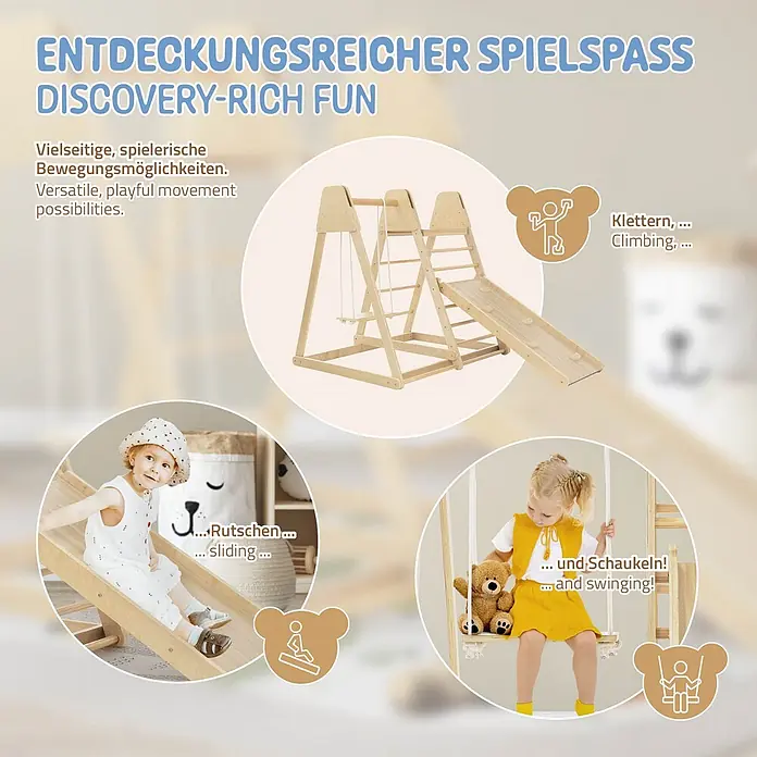 ECD Germany Klettergerüst 3in1 Multifunktions Kletterturm, Gleichgewicht & Balance ab 3 Jahren - Holz, Braun - Hölzerne Kinderspielstruktur mit Kletterleiter, Rutsche und Schaukel. Kinder nutzen sie zum Rutschen, Klettern und Schaukeln für entdeckungsreichen Spaß.