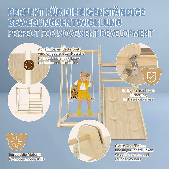 ECD Germany Klettergerüst 3in1 Multifunktions Kletterturm, Gleichgewicht & Balance ab 3 Jahren - Holz, Braun