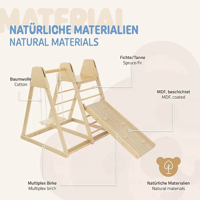 ECD Germany Klettergerüst 3in1 Multifunktions Kletterturm, Gleichgewicht & Balance ab 3 Jahren - Holz, Braun - Hölzerne Spielstruktur für Kinder aus Multiplex Birke, Fichte/Tanne und beschichtetem MDF, mit Baumwollschaukel.