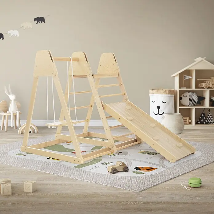 ECD Germany Klettergerüst 3in1 Multifunktions Kletterturm, Gleichgewicht & Balance ab 3 Jahren - Holz, Braun - Hölzernes Indoor-Spielgerät mit Schaukel, Kletterleiter und Rutsche, auf einer Spielmatte im Kinderzimmer.