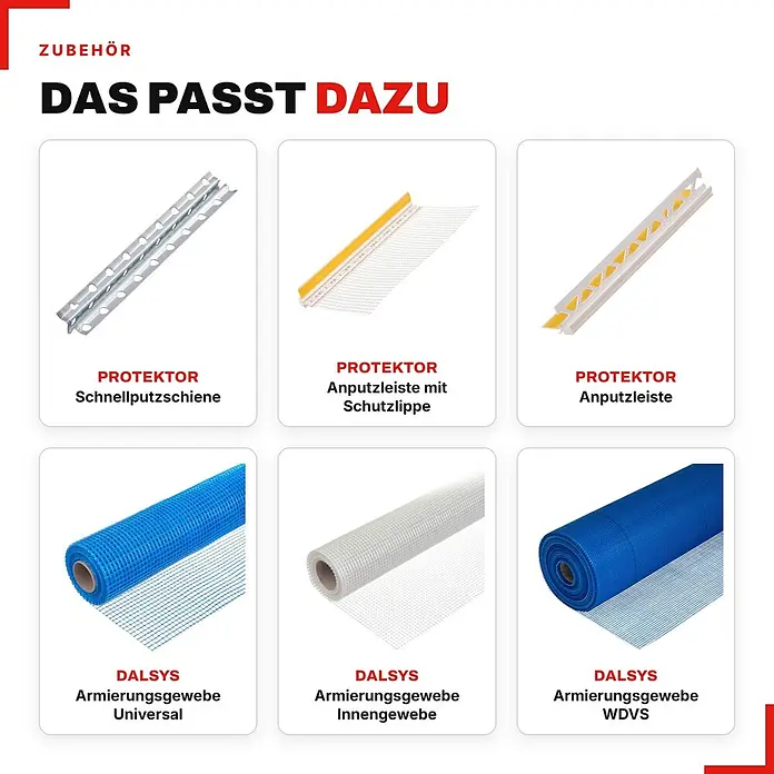 Protektor Kantenschutz für Trockenbau 25x Kantenprofil 200cm x 10mm Innenputz Silber 1007 - Silber - Sechs Bauzubehörteile: drei Putzprofile (Metall und Kunststoff) und drei Rollen Armierungsgewebe in Blau und Weiß.