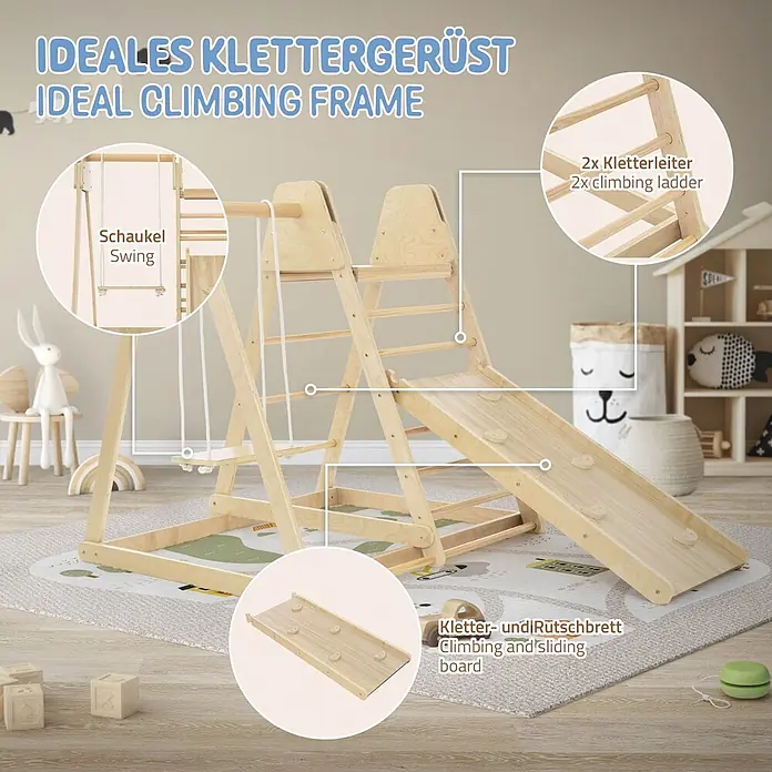 ECD Germany Klettergerüst 3in1 Multifunktions Kletterturm, Gleichgewicht & Balance ab 3 Jahren - Holz, Braun - Ein hölzernes Klettergerüst für Kinder mit Schaukel, zwei Kletterleitern und einer beidseitigen Kletter- und Rutschbahn, in einem gemütlichen Spielzimmer.