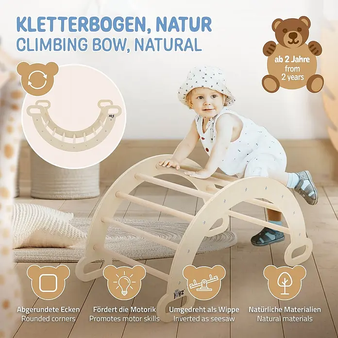 ECD Germany Klettergerüst Kletterbogen trainiert Gleichgewicht & Balance ab 2 Jahren - Holz, Braun - Hölzerner Kletterbogen/Wippe aus Naturholz, auf dem ein Baby klettert. Für Kinder ab 2 Jahren, fördert Motorik.