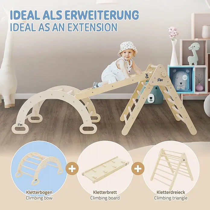 ECD Germany Klettergerüst Kletterbogen trainiert Gleichgewicht & Balance ab 2 Jahren - Holz, Braun - Modulares Kletterset aus Holz für Kleinkinder, bestehend aus Bogen, Rampe und Dreieck, mit Baby beim Spielen.
