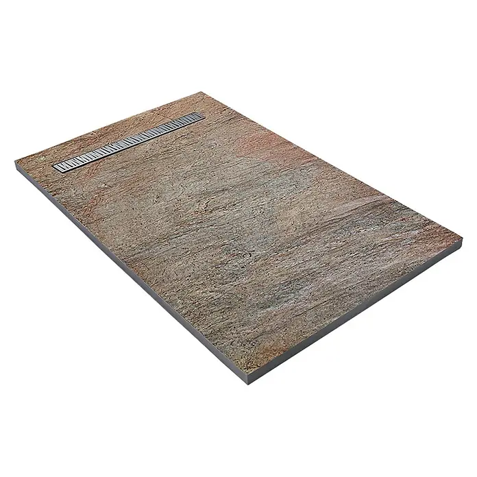Onbath's Duschwanne 901 - L x B: 120 x 120 cm, Naturstein, Beige - Texturierte, mehrfarbige Duschwanne in Steinoptik mit linearem Metallablauf.
