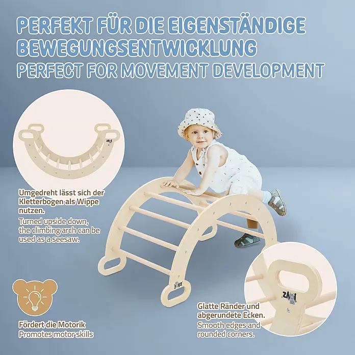 ECD Germany Klettergerüst Kletterbogen trainiert Gleichgewicht & Balance ab 2 Jahren - Holz, Braun - Hölzerner Kletterbogen und Wippe mit Baby beim Krabbeln, fördert Motorik durch glatte Kanten und abgerundete Ecken.