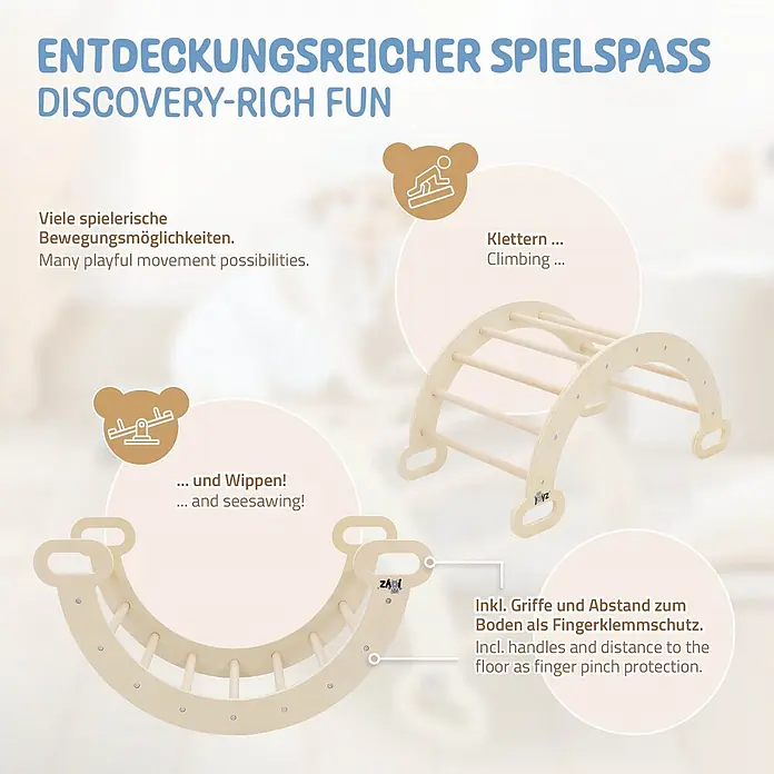 ECD Germany Klettergerüst Kletterbogen trainiert Gleichgewicht & Balance ab 2 Jahren - Holz, Braun - Hölzernes Klettergerüst/Wippe mit Griffen und Fingerschutz für spielerische Bewegung und Entwicklung von Kindern.