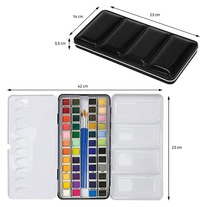 Aquarellfarben Set 48 Farben in tragbarer Box inkl. Utensilien -  - Schwarzer Aquarellfarbkasten, geschlossen 23x14x3,5 cm, offen 42x23 cm, mit 48 Näpfen und Pinseln.