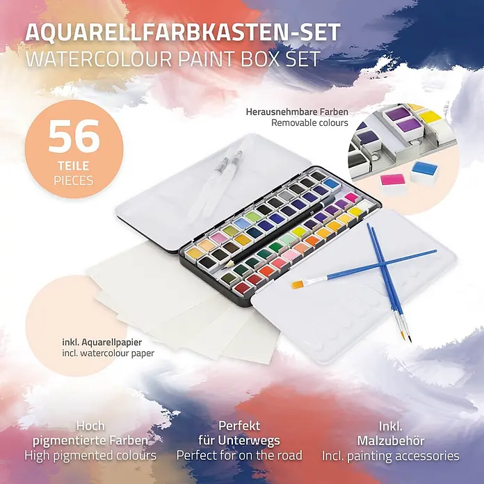 Aquarellfarben Set 48 Farben in tragbarer Box inkl. Utensilien -  - Aquarellfarbkasten-Set geöffnet, 56 Farben, Wasserpinsel, Bleistift, Palette, Pinsel, Aquarellpapier. Hochpigmentierte, herausnehmbare Farben.